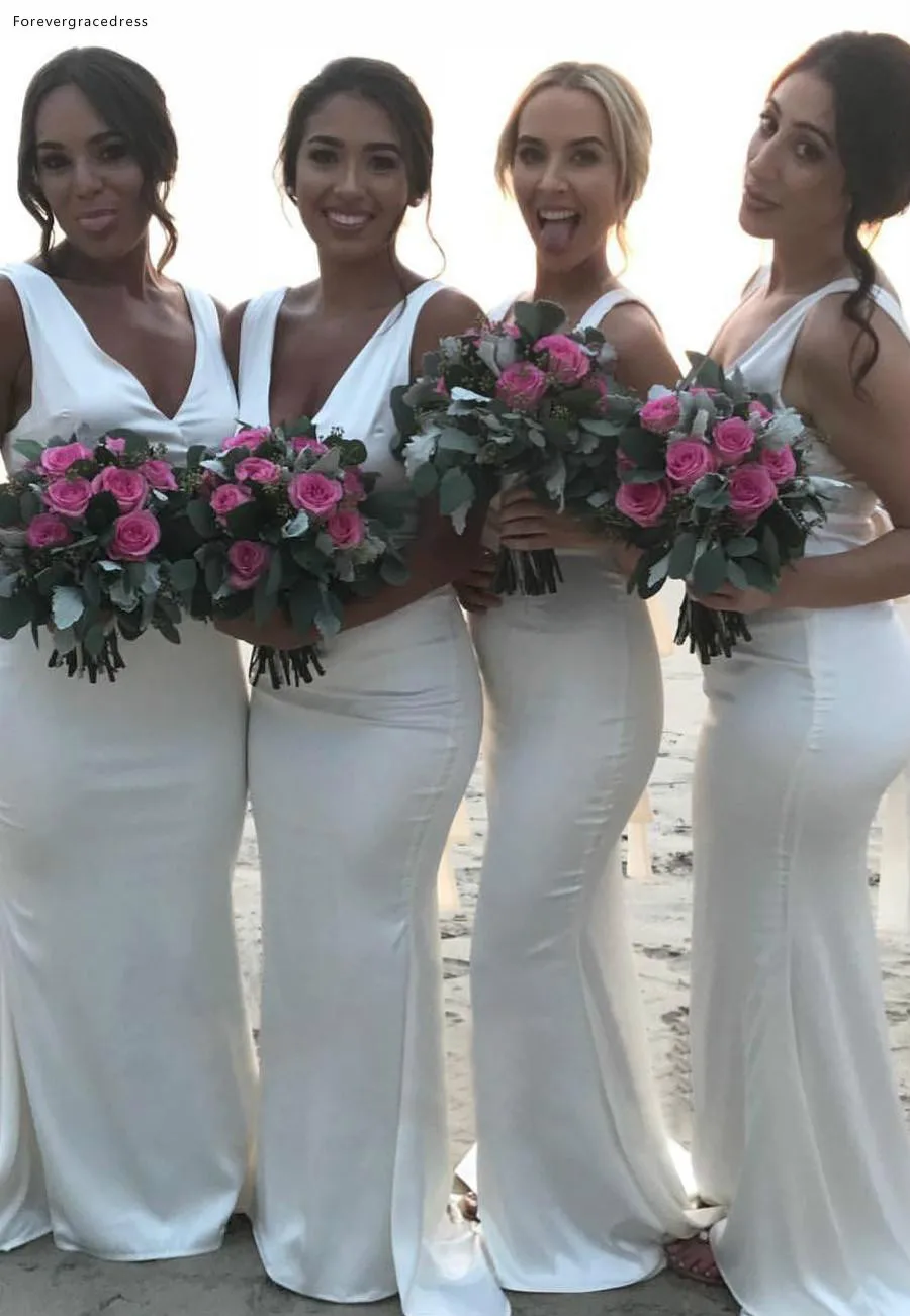White Bridesmaid Dresses 2019 Deep V Neck Mermaid Sleeveless Long Maid of Honor Wedding Guest Dress BM0659  75 (1)