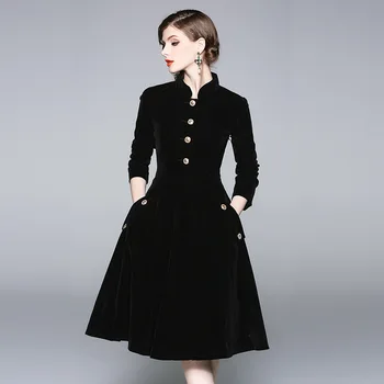 

Women Elegant Stand Collar Buttons Decorated Retro Design Big Bottom Velvet Dress Winter Dress