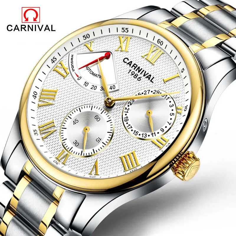 

Carnival Watch Men energy display Automatic Mechanical Luminous Gold Stainless Steel Waterproof multifunction Watches