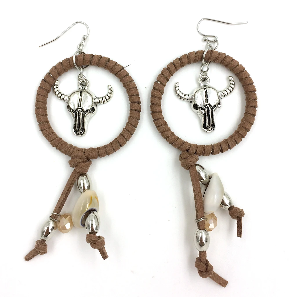 New Leather Dangle Earrings Beads Tassel Bull Skull Tauren Taurus Charms Earrings Handmade Earring