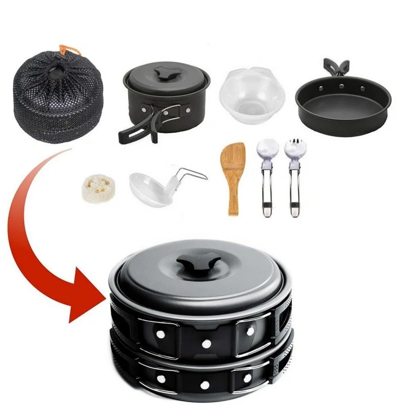 

Camping Cookware Mess Kit Camp Stove Backpacking Gear Hiking Outdoors Bag Cooking Equipment Durable Pot Pan Bowls