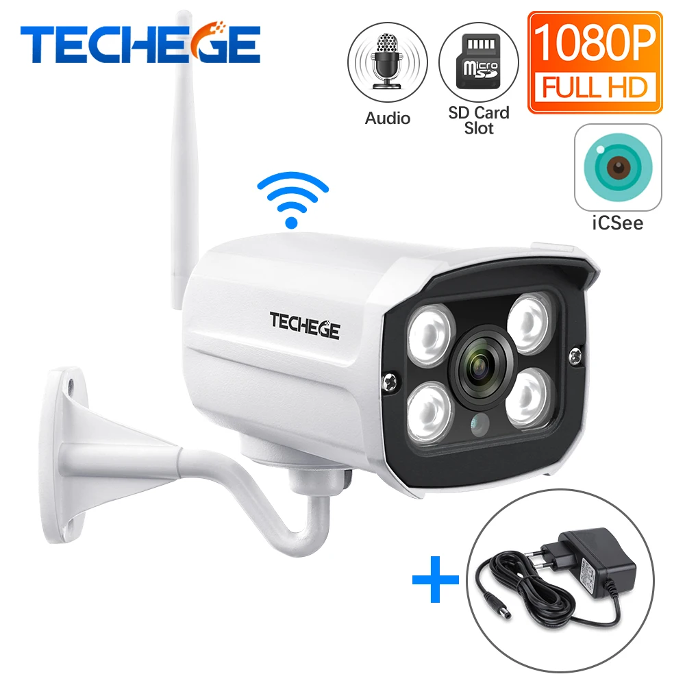 Techege HD 1080P ranura para tarjeta SD inalámbrica Audio IP Cámara 2.0MP wifi cámara de seguridad visión nocturna Metal impermeable Cámara al aire libre
