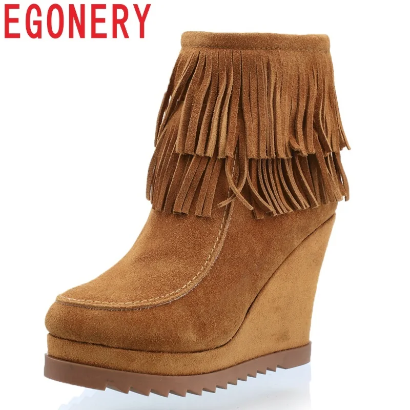 

EGONERY hot sale newest high quality cow suede round toe super high wedges platform fringe zipper black and yellow ankle boots