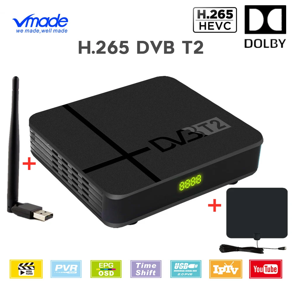 Vmade эфирный ТВ приемник Dvb T2 Full-HD 1080P h.265 тюнер ТВ приставка Dolby RJ45 Youtube IP tv с wifi с ТВ антенная коробка для ТВ