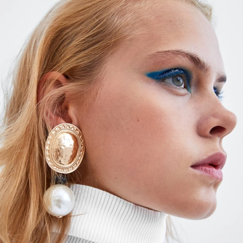 

AOTEMAN vintage gold metal pearl earrings for women 2019 za jewelry hyperbole big statement earrings wedding accessories