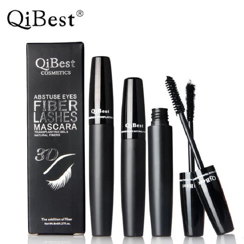 Бренд QiBest 3D волокно + завивка удлинение Черная тушь для ресниц Макияж долговечная