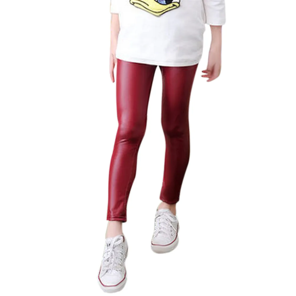 Новые осенне-зимние леггинсы для маленьких девочек теплые штаны тонкие эластичные кожаные брюки для подростков - Цвет: red size 100cm