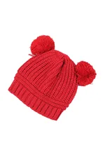 JFYB-5*Korean Kids Love Dual Ball Wool knit sweater Cap Winter Hat Korean – Red