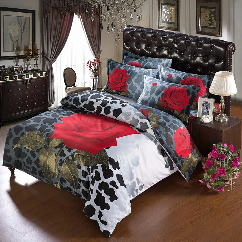 skincare red rose and leopard print 7 pcs satin cotton bedding 3d red print sheets