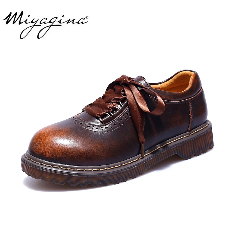 

MIYAGINA Retro Brogue 100% Genuine Leather Woman Shoes British Style Vintage Flat Shoes Casual Oxford Shoes for Women