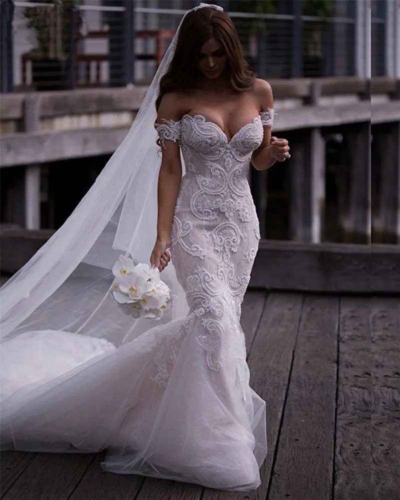 Sexy 2019 Off Shoulder Lace Arabic Dubai Mermaid Wedding Dress Bride Bridal Gown Sexy 2019 Off Shoulder Lace Arabic Dubai Mermaid Wedding Dress Bride Bridal Gown