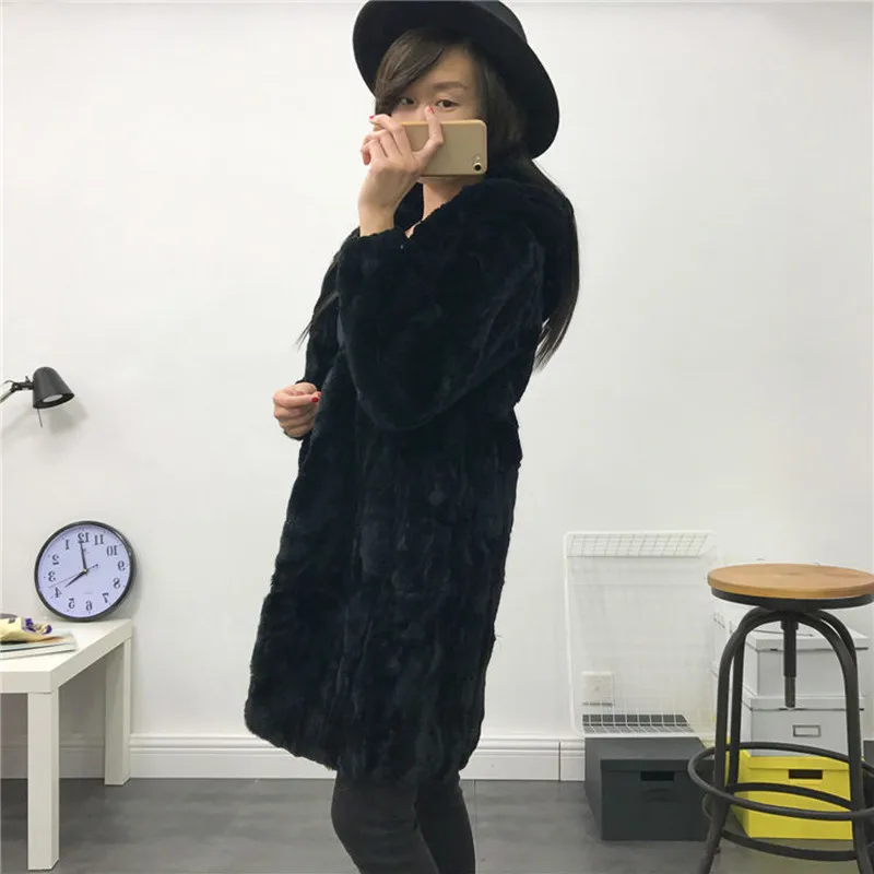 

Rex fur coat long coat coat hood warm jacket True fur