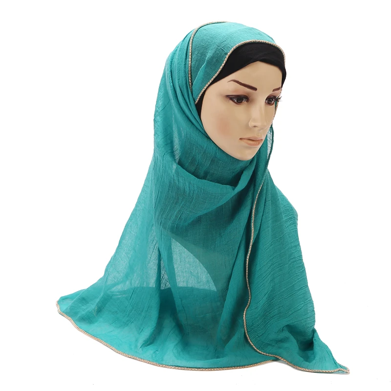 Модный шарф с золотой цепочкой и краями, шаль, простые Макси хлопковые шали, простая повязка на голову, мусульманский головной платок, шарф, глушитель, хиджаб