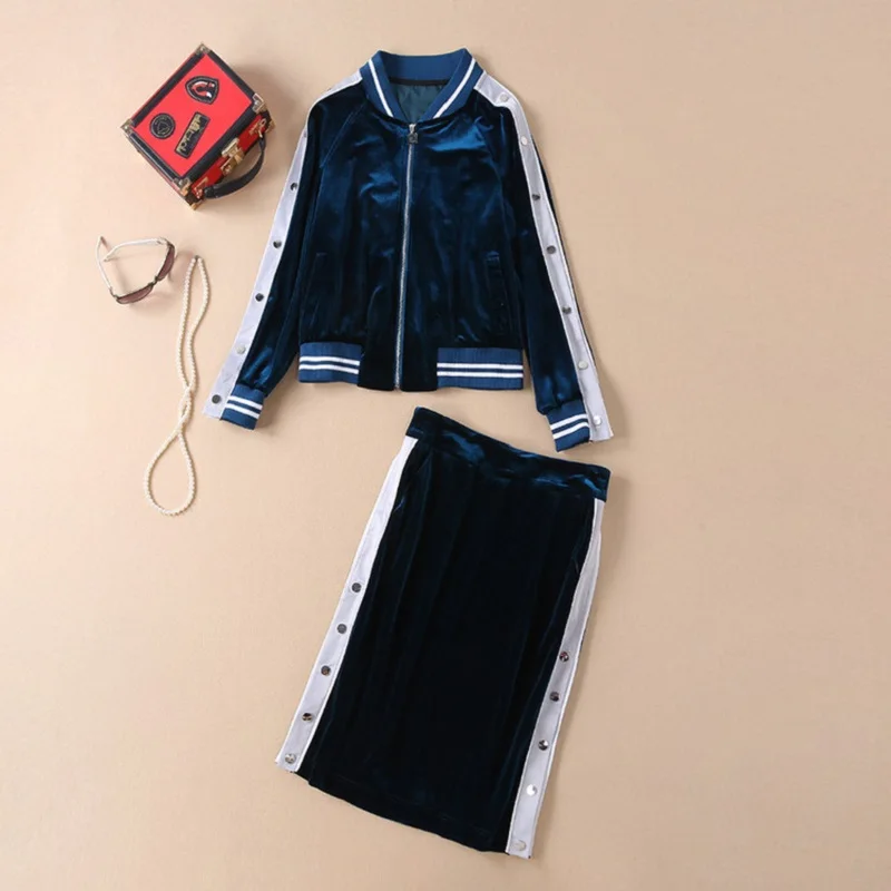 

Velvet Tracksuit 2019 Spring Autumn Casual Two Piece Set Women Studs Button Long Sleeve Bomber Jacket+Blue Velour Skirt Set Suit
