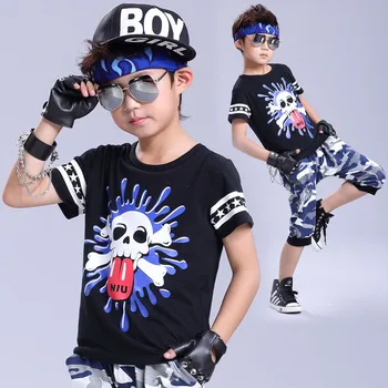 

2017 spring summer clothing set Costumes Camouflage Hip Hop dance shorts & doodle Skull T-shirt kids sport suits twinset