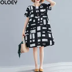 Женское летнее платье больших размеров, винтажное повседневное черное платье с принтом, корейское свободное хлопковое женское пляжное