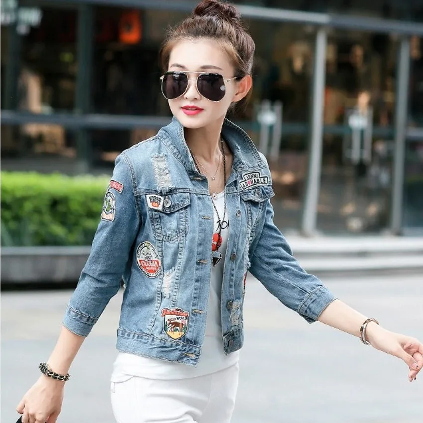 2015 Spring Autumn Women Fashion Badge Denim Jacket Women Casual Short