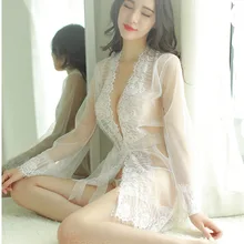 Черный прозрачный кружевной длинный женский пеньюар ночная рубашка платье сексуальный бюстгальтер и трусики наборы халат Сексуальное белье наборы для женщин Ночная рубашка