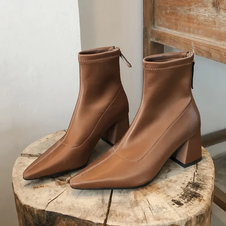 

GPOKHDS 2020 women ankle boots soft silk zippers pointed toe autumn spring black color high heel female boots