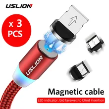 USLION 2 м Магнитный Micro USB кабель type C для iPhone XS Max X телефон зарядное устройство провод для samsung Xiaomi huawei P30 Pro Магнитный кабель