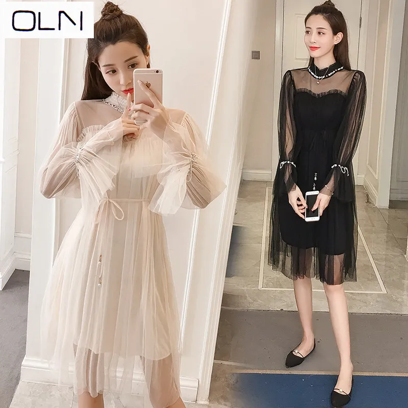 

2019 real spring new waist show body type comfortable loose lady elegant mesh dress sweet slim