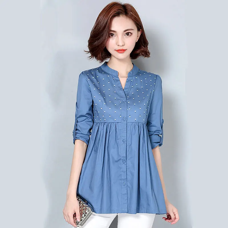 M-4XL New Women's Shirt Spring Fashion Casual Medium-long Loose Blouse Long-sleeve V-neck Printing Pleated Shirt Female ro new summer cotton solid color stitching dress black thin pleated medium and long skirt for women gothic clothes