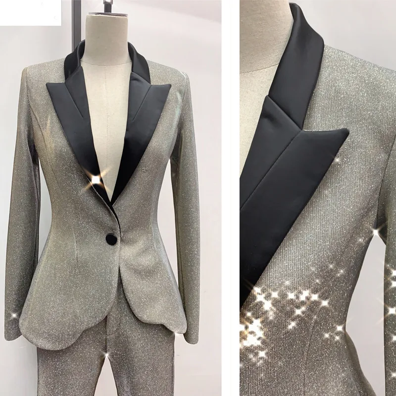 Blazer Long V Bureau Femmes Tenue Cou Set 2 Veste Unique De Mince Mode Travail Staight Bouton Pantalon Outfit Bling Pièces Argent tvwq1Pv