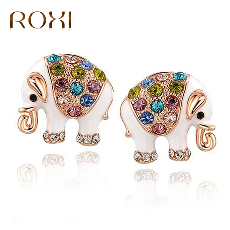 

ROXI Colorful Crystal Stud Earrings Women Jewelry Cute Elephant Stud Earrings Animal Brinco Rose Gold Color Statement Earrings