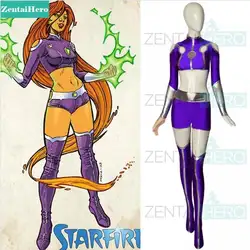 Бесплатная доставка Фиолетовый Starfire Косплей Костюм на заказ сексуальный женский/девушка зентай Catsuit Звездный супергерой костюм на