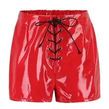 Женские сексуальные бандажные Мини женские тонкие шорты из искусственной кожи женские кружевные красные черные шорты с высокой талией