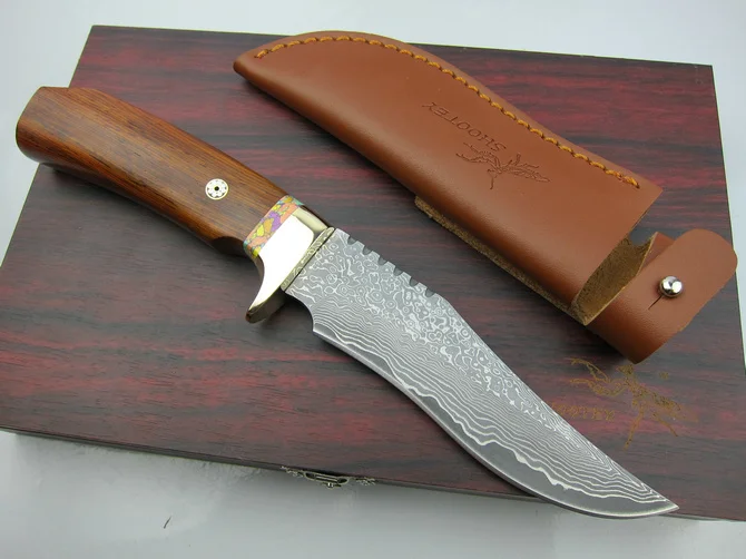 Shootey M2 Дамасские фиксированные ножи, палисандр ручка кемпинг нож выживания, охотничий нож