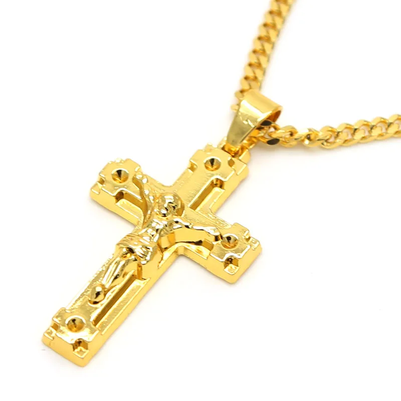 gold color Jesus cross pendants High Quality Fashion Hiphop franco long necklaces gold Chain for ...