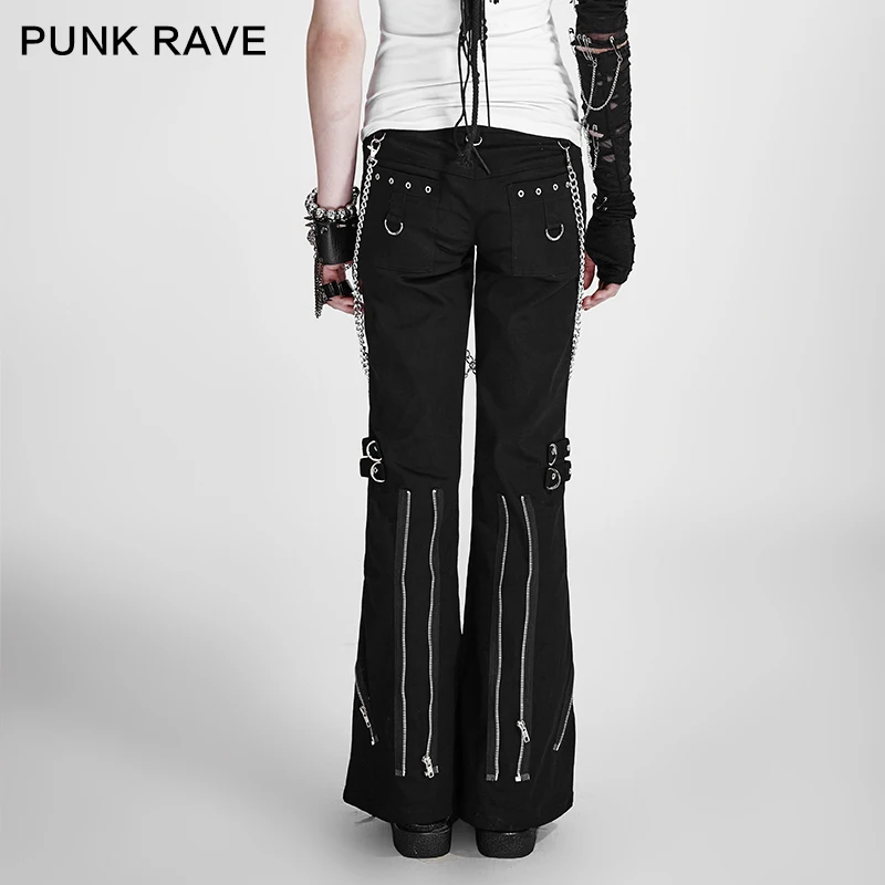 Панк рейв Мода Панк стиль женские черные брюки с пуговицами колокол повседневная одежда готический длинные брюки панк Рок расклешенные брюки