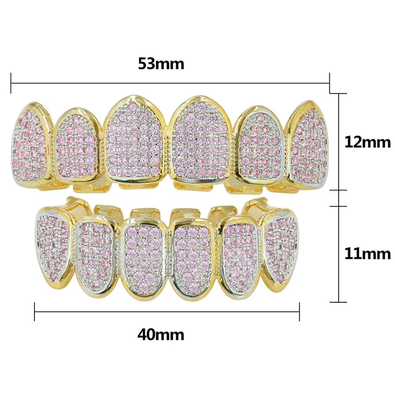 Хип-хоп ЗУБЫ Grillz Iced Out AAA циркон Топ и низ зуб набор для мужчин и женщин розовый цвет мода зуб Grillz