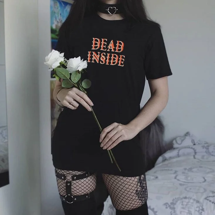 Kuakuayu HJN женская футболка Dead Inside хипстер гранж Стиль черная футболка готическая одежда