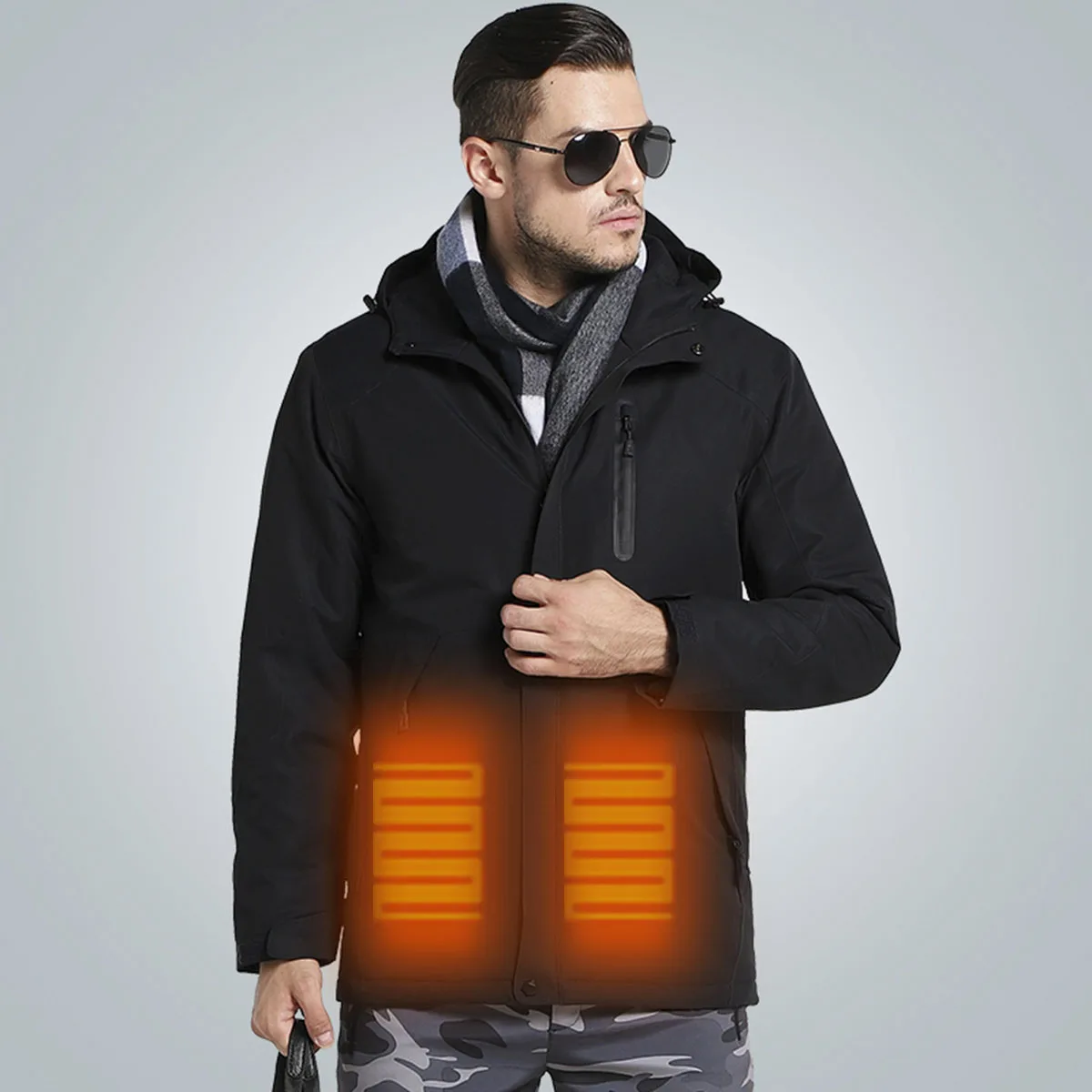 Водонепроницаемый Электрический нагрев Heaed теплый USB с капюшоном путешествия мужские пальто куртки моющиеся зимние походные куртки - Цвет: Черный