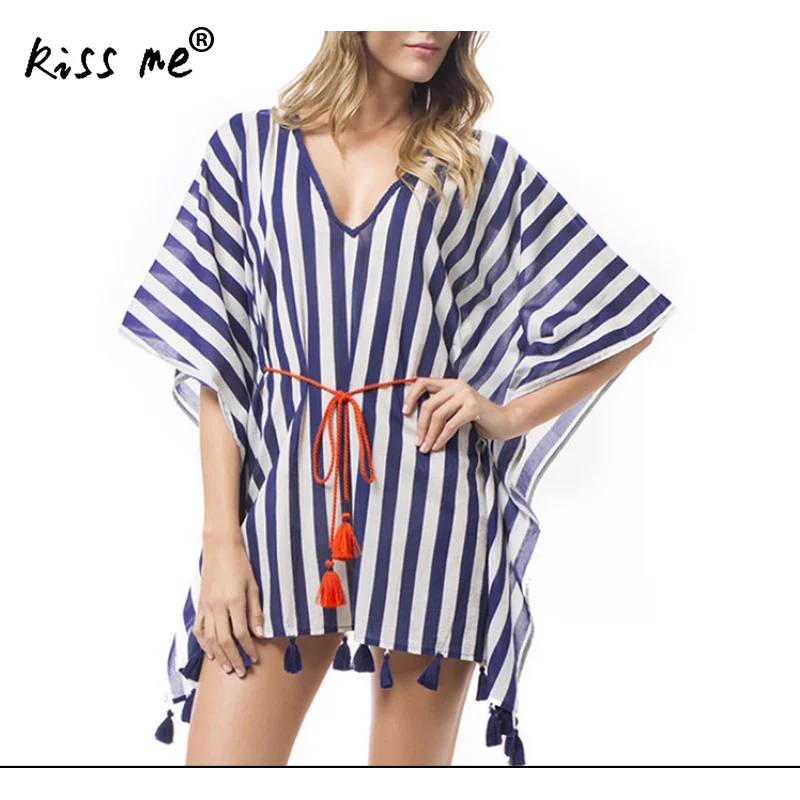 

Summer Short Sleeve Sexy Bikini Cover Up Waist Drawstring Striped Printed Short Beach Dress V Neck Beach Wear Sarong Wrap