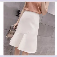 Женские юбки русалки с оборками летние корейские элегантные абрикосовые черные юбки средней длины до колена повседневные офисные юбки с высокой талией