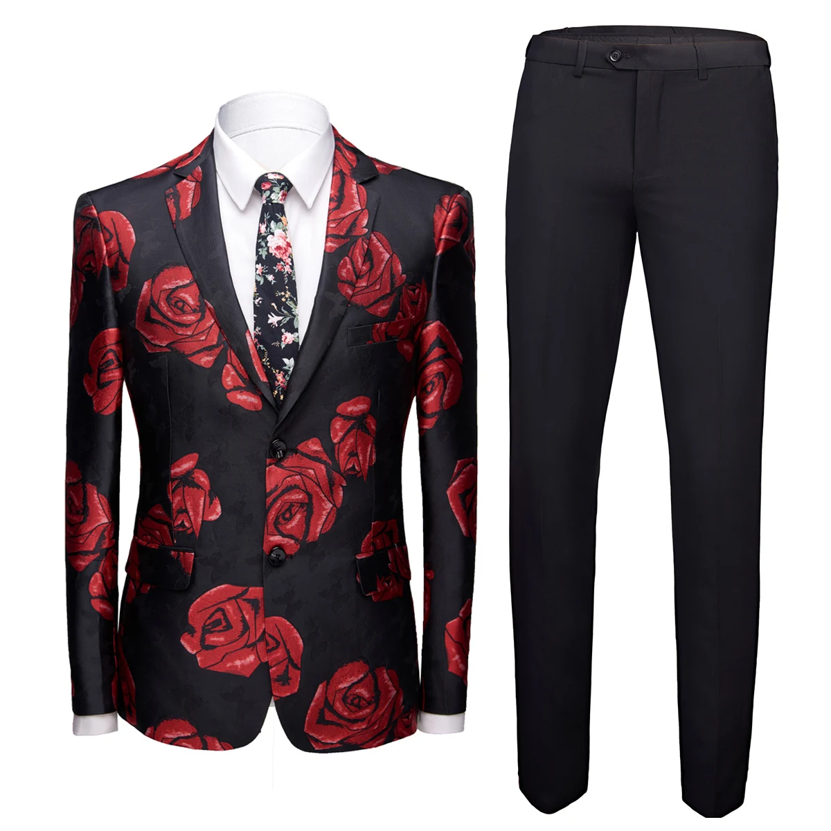 

Mens Shiny RED Rose Print 2 Pieces Set Coat Pant Designs Red Floral Pattern Suits Stage Singer Wedding Groom Tuxedo Costume