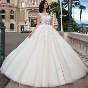 

Waulizane Scoop Neckline Of Ball Gown Wedding Dress With Rhinestones And Sequins Floor Length Bride Dress Of 3D Flowers