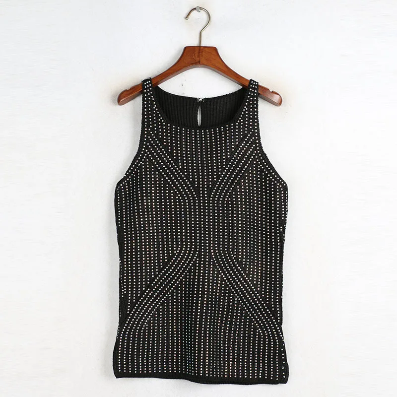 

Luxury Designer Brand Knitted Vest for Women Rhinestone Sleeveless Knitted Vest Sweater Black White