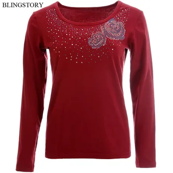 

BLINGSTORY Autumn T-shirt Women's Diamond Flower Long Sleeve Top Cotton Plus Size Basic Tee 5XL Drop-Ship