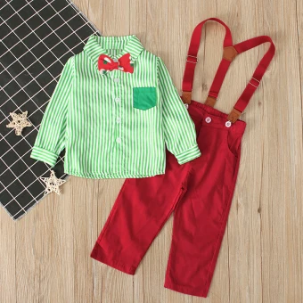 Gentleman Kid Boys Formal Suits Summer Sets Bow Tie Long Sleeve T-shirt Suspender Trouser 2Pcs Christmas Outfits 1-5Years - Цвет: CC01606-HS