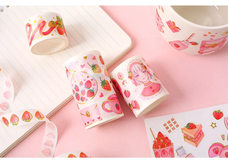 Cute Strawberry Party Series Bullet Journal gold Washi Tape Decorative Adhesive Tape DIY Scrapbooking Sticker Label Stationery