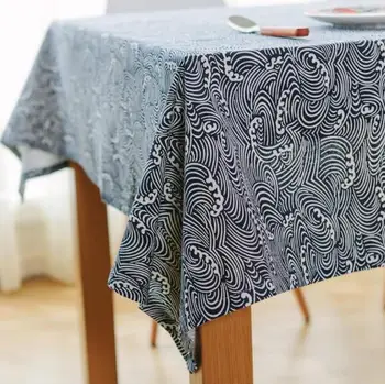 

Cotton Linen Table Cloth Rectangular Party Banquet Home Kitchen Tablecloth Navy Blue Wave Pattern Coffee Table Cover Towel Nappe