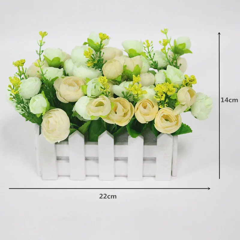  Flone Wedding Decor Artificial Tea Rose Simulation Artificial Flowers Small Potted Plant Fake Rose Set With White Picket Fence (12)