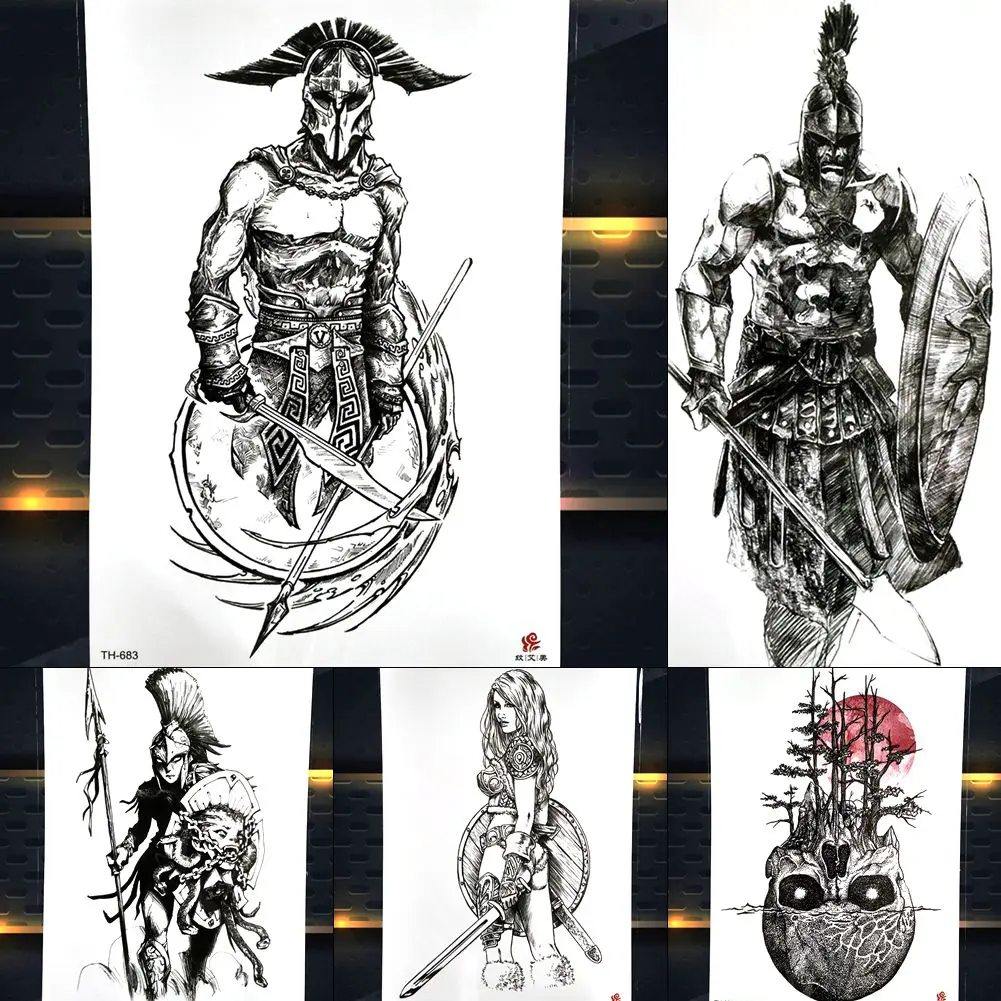 

Hero of Sparta Warrior Temporary Tattoo Stickers Waterproof Fake Knight Brave Man Waterproof Large Arm Tattoo Paper Decal Men