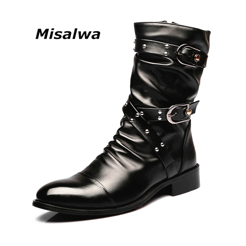 

Misalwa Men's Black Real Leather Height-Increace Boots Motorcycle Chelsea Spring Winter Snow Warm Wollen Casual Zipper Boots