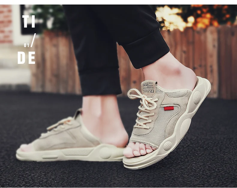 Hot Sandals Men Summer Slippers Fashion Peep Toe Flip Flops Shoes Male Outdoor Non-slip Flat Cow Leather Mesh Beach Slides