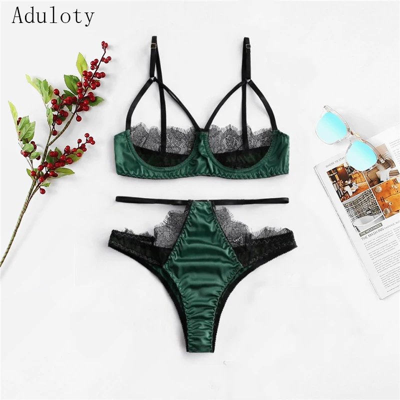  Aduloty Lightweight Breathable Underwear and Panties Set Lace Transparent Satin Push Up Brassiere U